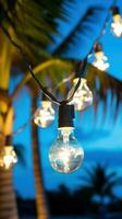 AI generated string of light bulb garlands hanging between two palm trees on a beach photo