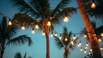 AI generated string of light bulb garlands hanging between two palm trees on a beach photo