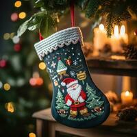 AI generated knitted Christmas stocking with a festive design photo