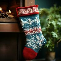 AI generated knitted Christmas stocking with a festive design photo