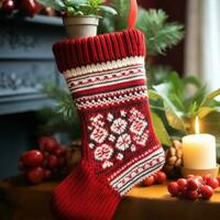 AI generated knitted Christmas stocking with a festive design photo