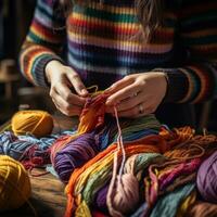 AI generated pair of hands knitting a colorful striped scarf photo