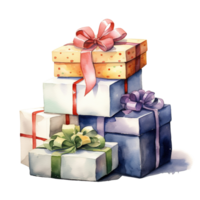 ai generado pila de cajas de regalo para Navidad evento. acuarela estilo. ai generado png