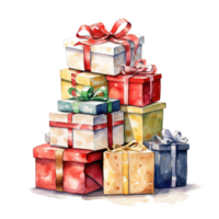 ai généré pile de coffrets cadeaux pour Noël événement. aquarelle style. ai généré png