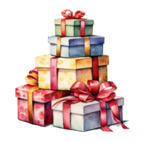 ai generado pila de cajas de regalo para Navidad evento. acuarela estilo. ai generado png