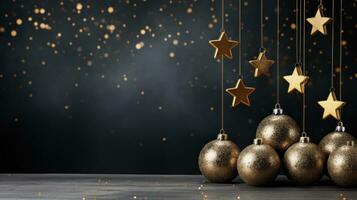 AI generated A classic Christmas backdrop featuring gold balls and plenty of negative space for copy photo