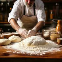 AI generated A candid shot of a baker dusting flour onto a work surface photo