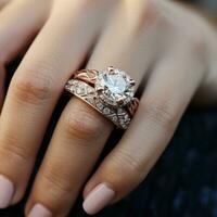 AI generated A close-up of a bride's hand showcasing her intricate engagement ring and wedding band. photo