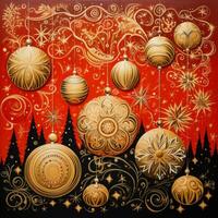 AI generated A cheerful and whimsical Christmas scene with colorful golden balls and a bright red background photo