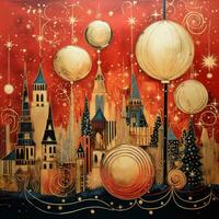 AI generated A cheerful and whimsical Christmas scene with colorful golden balls and a bright red background photo