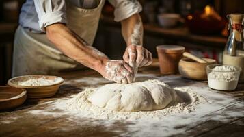 AI generated A candid shot of a baker dusting flour onto a work surface photo