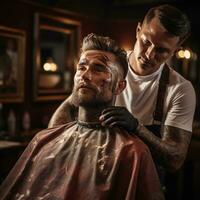 ai generado peluquería cara como él aplica afeitado crema a un clientela cuello, foto
