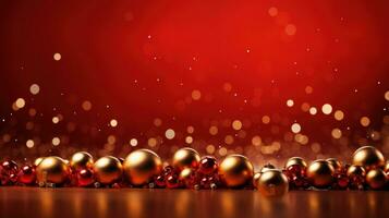 AI generated A cheerful and whimsical Christmas scene with colorful golden balls and a bright red background photo