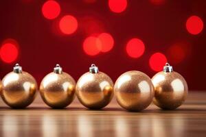 AI generated A cheerful and whimsical Christmas scene with colorful golden balls and a bright red background photo