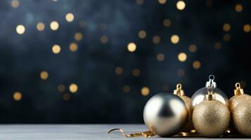 AI generated A classic Christmas backdrop featuring gold balls and plenty of negative space for copy photo