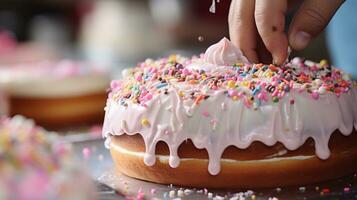 AI generated baker piping frosting onto a cake, with a variety of colorful icings and sprinkles in the background photo