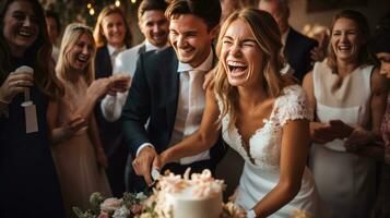 ai generado un novia y novio corte su Boda pastel rodeado por su alegre invitados foto