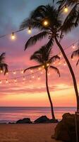 AI generated A beach party at dusk with palm trees silhouetted against a pink and orange sky photo