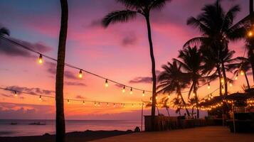 ai generado un playa fiesta a oscuridad con palma arboles silueta en contra un rosado y naranja cielo foto