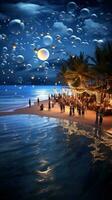 AI generated A beautiful shot of the moon reflecting on the water, with the beach party scene in the background photo