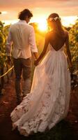 ai generado un novia y novio participación manos mientras caminando mediante un viñedo a puesta de sol foto