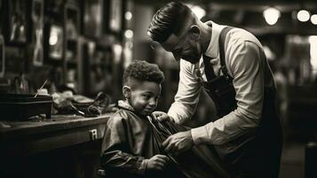 ai generado un negro y blanco foto de un Barbero corte un joven Niños pelo
