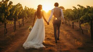 AI generated A bride and groom holding hands while walking through a vineyard at sunset photo