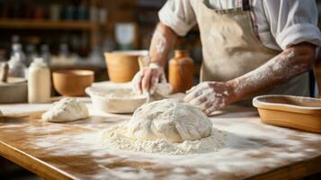 AI generated A candid shot of a baker dusting flour onto a work surface photo