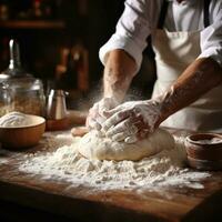 AI generated A candid shot of a baker dusting flour onto a work surface photo