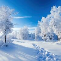 ai generado panorámico ver de un Nevado paisaje con cubierto de nieve arboles y un brillante azul cielo, foto