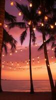 ai generado un playa fiesta a oscuridad con palma arboles silueta en contra un rosado y naranja cielo foto