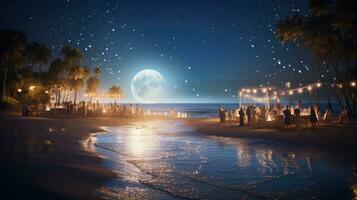 ai generado un hermosa Disparo de el Luna reflejando en el agua, con el playa fiesta escena en el antecedentes foto