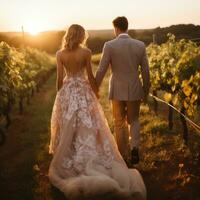 ai generado un novia y novio participación manos mientras caminando mediante un viñedo a puesta de sol foto