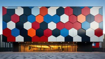 AI generated A bold and striking shot of a modern office building with a patterned facade, photo