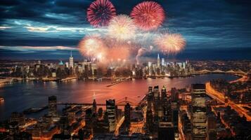 ai generado el ver desde el cielo de ciudad en nuevo años noche es un deslumbrante espectáculo de luces foto