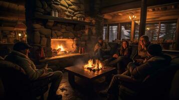 AI generated up by a warm fire in a mountain lodge photo