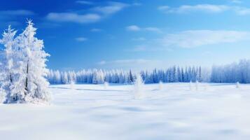 AI generated panoramic view of a snowy landscape with snow-covered trees and a bright blue sky, photo