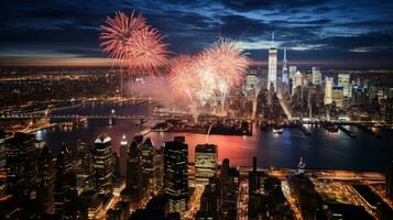 AI generated The view from the sky of City on New Year's night is a dazzling spectacle of lights photo