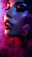 AI generated beautiful woman's face with dramatic makeup, dancing in a haze of fog and neon light photo