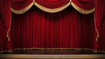 AI generated A classic theater stage with red velvet curtains and customizable copy text photo