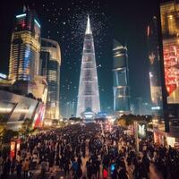 AI generated Skyscrapers and buildings are adorned with elaborate displays and shimmering lights photo