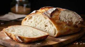 AI generated The crust of freshly baked bread is golden and crispy, while the inside is soft and fluffy photo