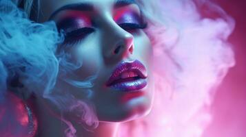AI generated beautiful woman's face with dramatic makeup, dancing in a haze of fog and neon light photo