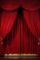 AI generated A classic theater stage with red velvet curtains and customizable copy text photo