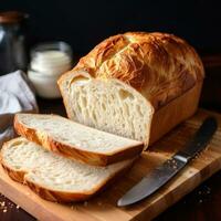 AI generated The crust of freshly baked bread is golden and crispy, while the inside is soft and fluffy photo