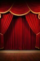 AI generated A classic theater stage with red velvet curtains and customizable copy text photo