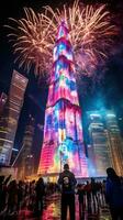 AI generated Skyscrapers and buildings are adorned with elaborate displays and shimmering lights photo