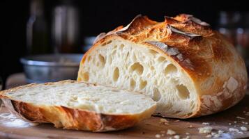 AI generated The crust of freshly baked bread is golden and crispy, while the inside is soft and fluffy photo