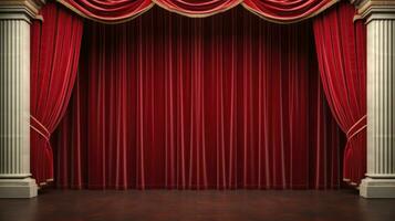 AI generated A classic theater stage with red velvet curtains and customizable copy text photo