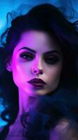 AI generated beautiful woman's face with dramatic makeup, dancing in a haze of fog and neon light photo